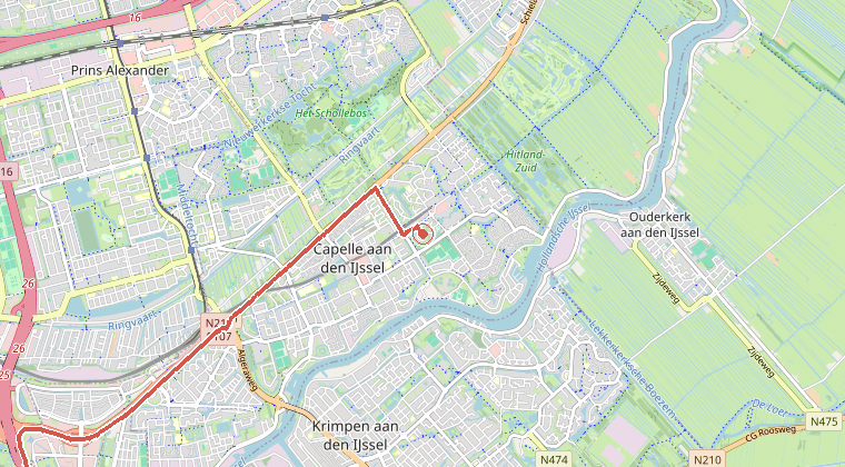 Kaart van de omgeving van de melding, met de kazerne die is gealarmeerd