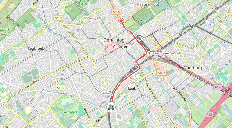 Kaart van de omgeving van de melding, met de kazerne die is gealarmeerd