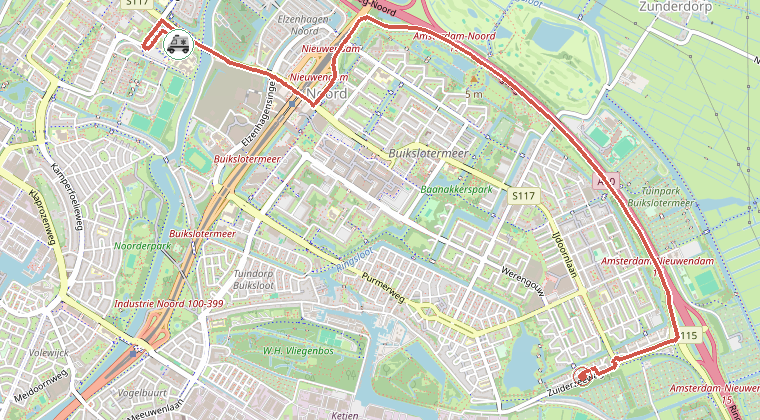 Kaart van de omgeving van de melding, met de kazerne die is gealarmeerd