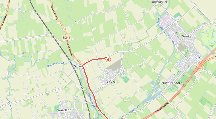 Kaart van de omgeving van de melding, met de kazerne die is gealarmeerd
