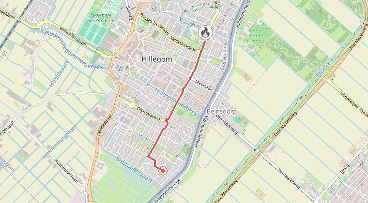 Kaart van de omgeving van de melding, met de kazerne die is gealarmeerd