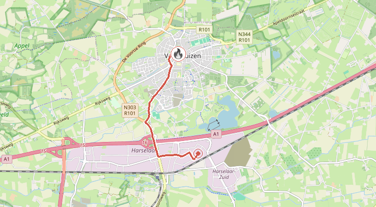 Kaart van de omgeving van de melding, met de kazerne die is gealarmeerd