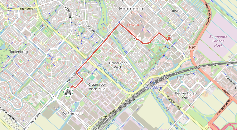 Kaart van de omgeving van de melding, met de kazerne die is gealarmeerd