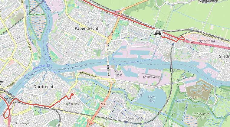 Kaart van de omgeving van de melding, met de kazerne die is gealarmeerd