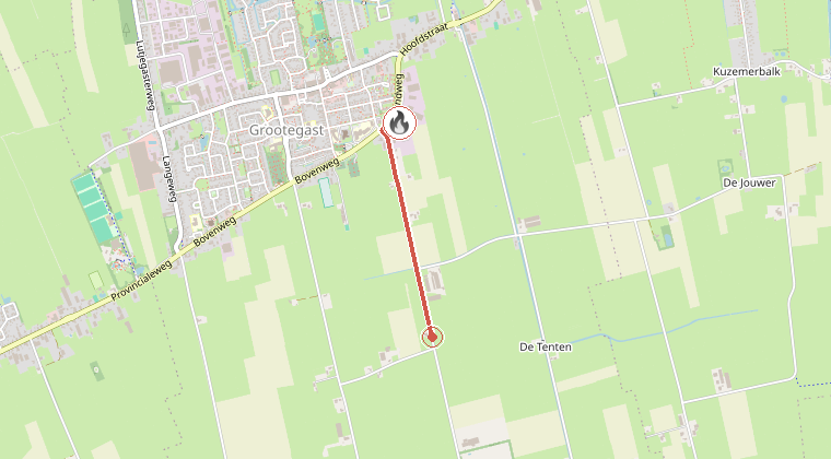 Kaart van de omgeving van de melding, met de kazerne die is gealarmeerd