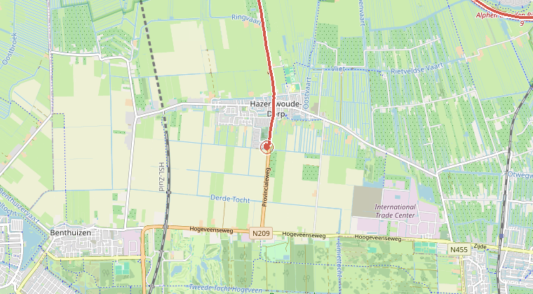 Kaart van de omgeving van de melding, met de kazerne die is gealarmeerd