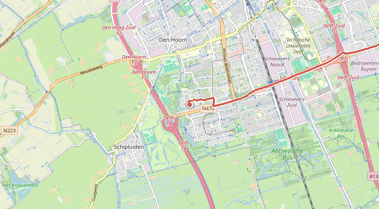 Kaart van de omgeving van de melding, met de kazerne die is gealarmeerd