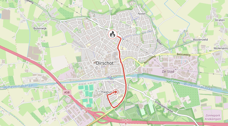 Kaart van de omgeving van de melding, met de kazerne die is gealarmeerd