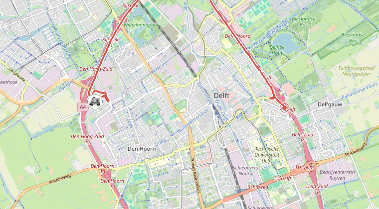 Kaart van de omgeving van de melding, met de kazerne die is gealarmeerd
