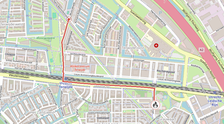Kaart van de omgeving van de melding, met de kazerne die is gealarmeerd