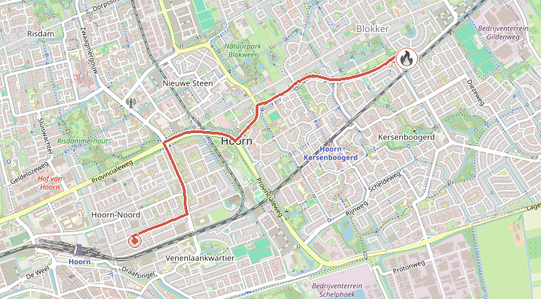Kaart van de omgeving van de melding, met de kazerne die is gealarmeerd