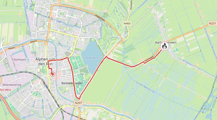 Kaart van de omgeving van de melding, met de kazerne die is gealarmeerd