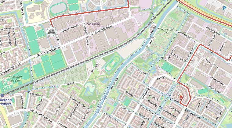 Kaart van de omgeving van de melding, met de kazerne die is gealarmeerd