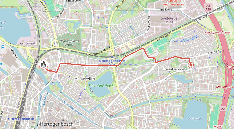 Kaart van de omgeving van de melding, met de kazerne die is gealarmeerd