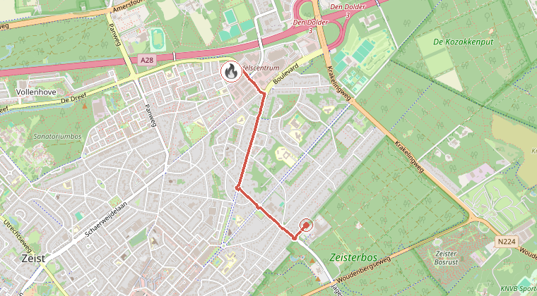 Kaart van de omgeving van de melding, met de kazerne die is gealarmeerd