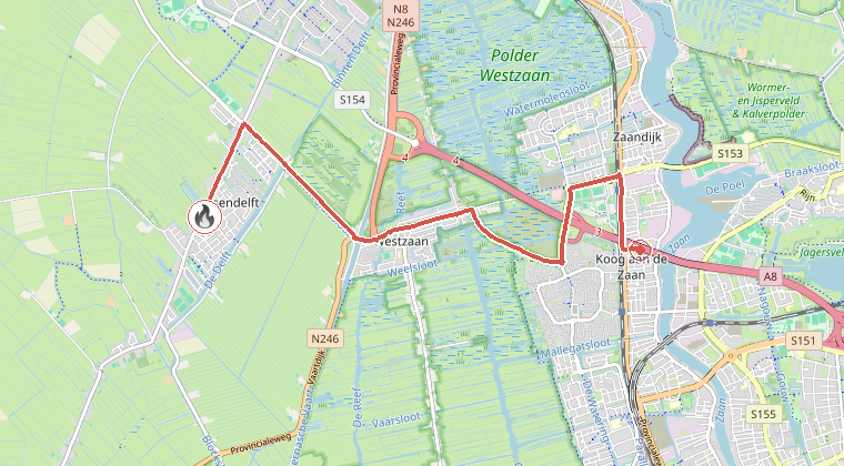 Kaart van de omgeving van de melding, met de kazerne die is gealarmeerd