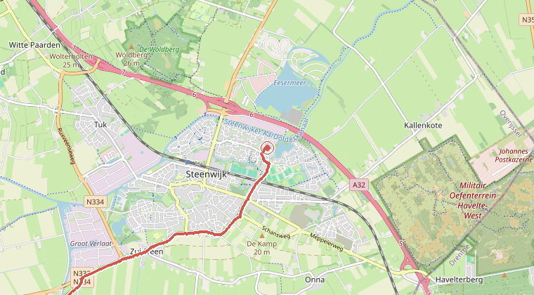 Kaart van de omgeving van de melding, met de kazerne die is gealarmeerd