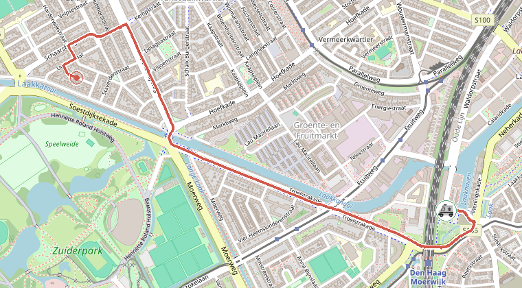 Kaart van de omgeving van de melding, met de kazerne die is gealarmeerd