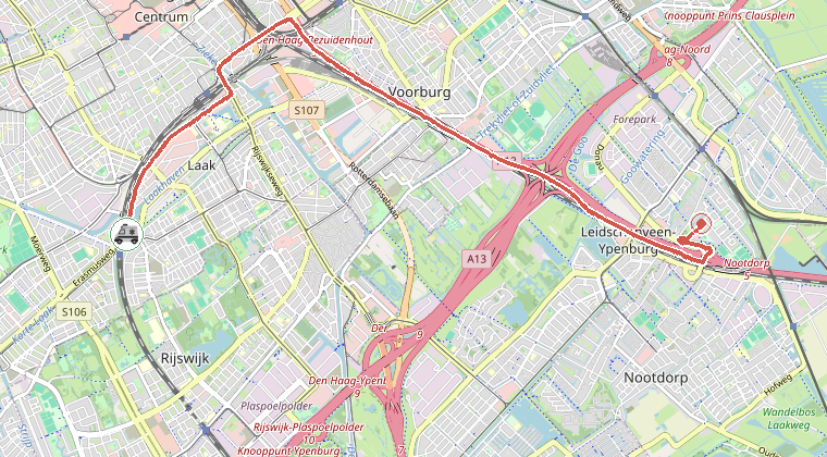 Kaart van de omgeving van de melding, met de kazerne die is gealarmeerd