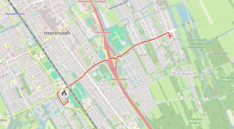 Kaart van de omgeving van de melding, met de kazerne die is gealarmeerd