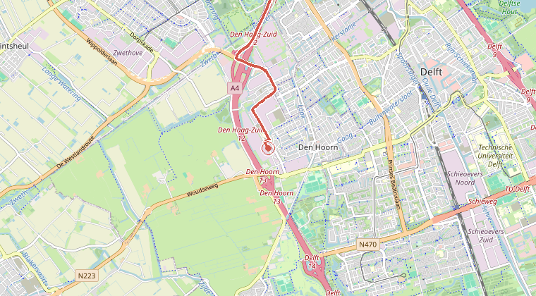 Kaart van de omgeving van de melding, met de kazerne die is gealarmeerd