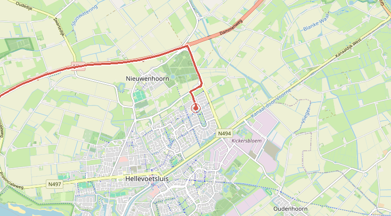 Kaart van de omgeving van de melding, met de kazerne die is gealarmeerd