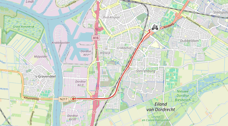 Kaart van de omgeving van de melding, met de kazerne die is gealarmeerd