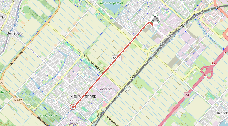 Kaart van de omgeving van de melding, met de kazerne die is gealarmeerd