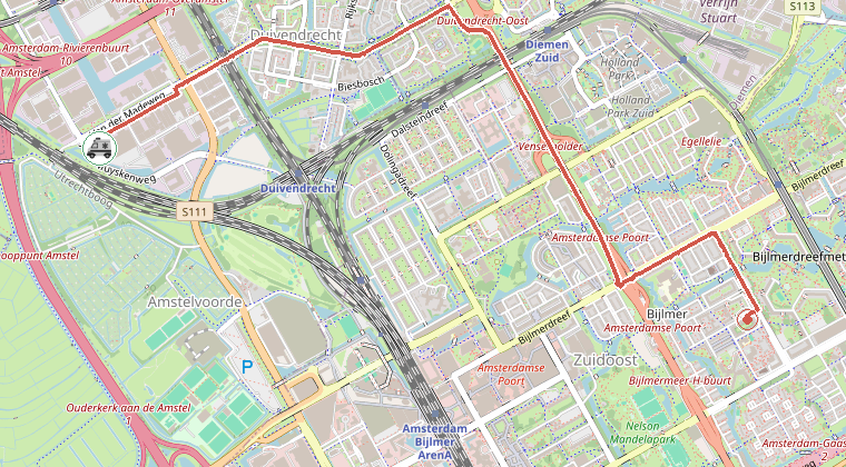 Kaart van de omgeving van de melding, met de kazerne die is gealarmeerd