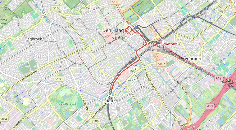 Kaart van de omgeving van de melding, met de kazerne die is gealarmeerd