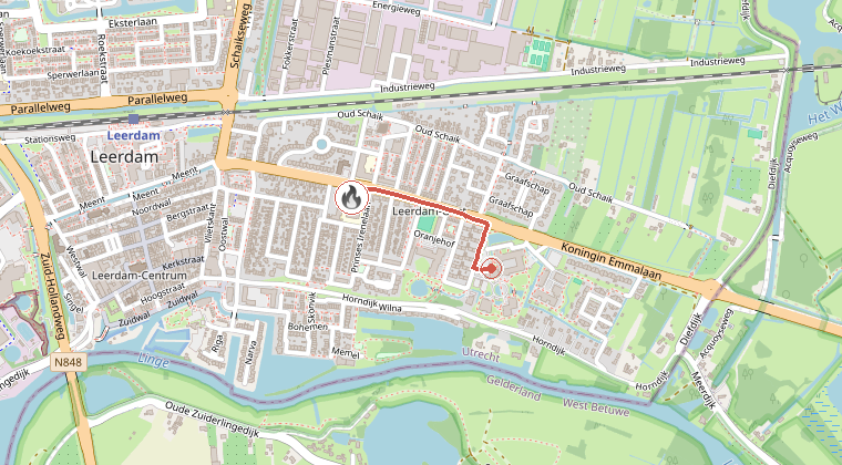 Kaart van de omgeving van de melding, met de kazerne die is gealarmeerd