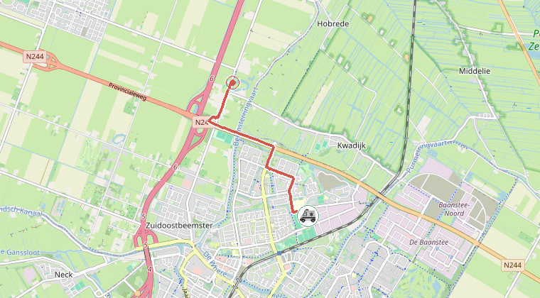 Kaart van de omgeving van de melding, met de kazerne die is gealarmeerd