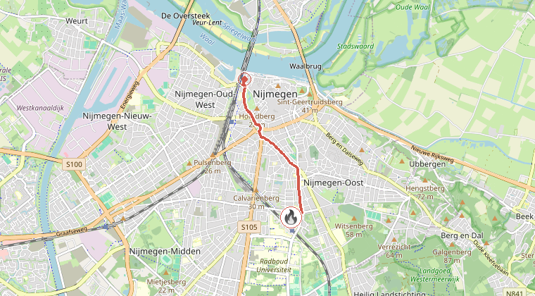 Kaart van de omgeving van de melding, met de kazerne die is gealarmeerd