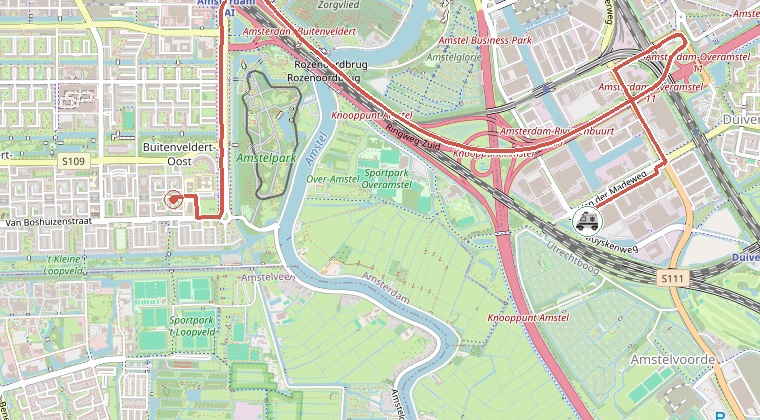 Kaart van de omgeving van de melding, met de kazerne die is gealarmeerd