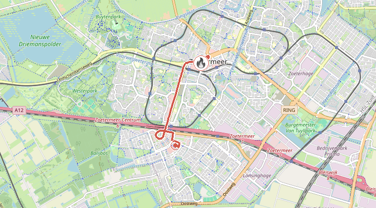 Kaart van de omgeving van de melding, met de kazerne die is gealarmeerd
