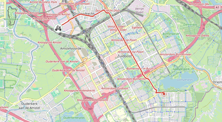 Kaart van de omgeving van de melding, met de kazerne die is gealarmeerd
