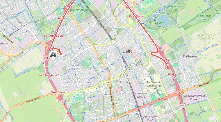 Kaart van de omgeving van de melding, met de kazerne die is gealarmeerd