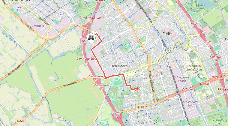 Kaart van de omgeving van de melding, met de kazerne die is gealarmeerd