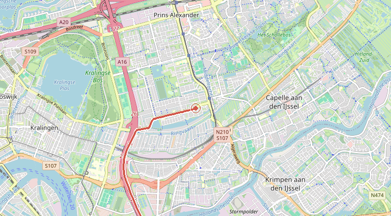 Kaart van de omgeving van de melding, met de kazerne die is gealarmeerd