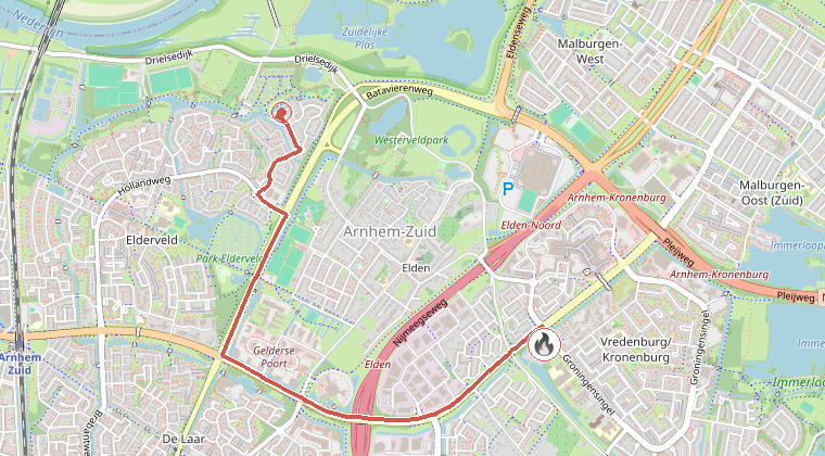 Kaart van de omgeving van de melding, met de kazerne die is gealarmeerd