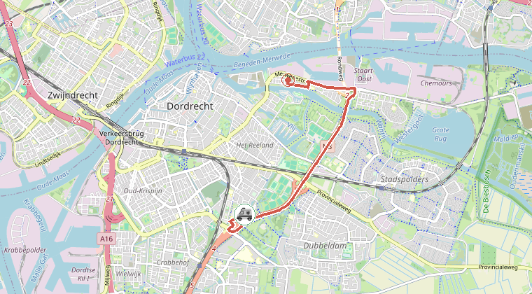 Kaart van de omgeving van de melding, met de kazerne die is gealarmeerd