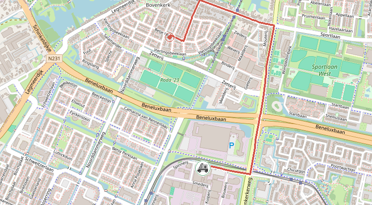 Kaart van de omgeving van de melding, met de kazerne die is gealarmeerd
