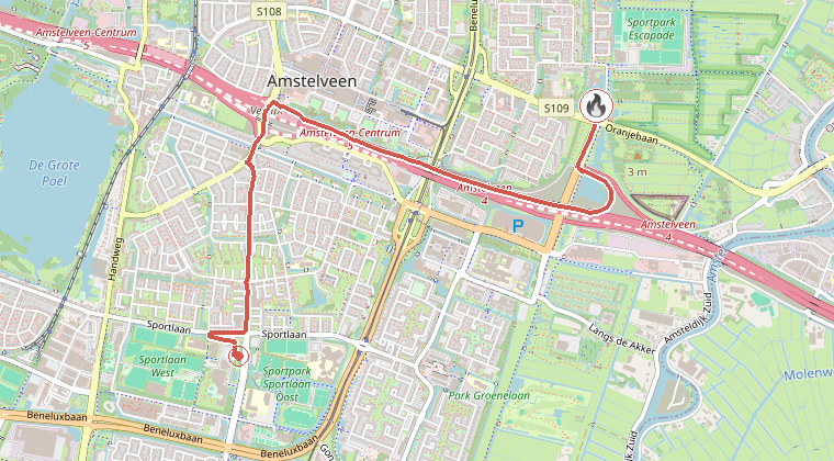 Kaart van de omgeving van de melding, met de kazerne die is gealarmeerd
