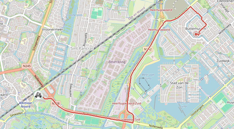 Kaart van de omgeving van de melding, met de kazerne die is gealarmeerd