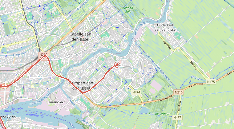 Kaart van de omgeving van de melding, met de kazerne die is gealarmeerd