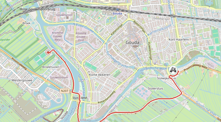 Kaart van de omgeving van de melding, met de kazerne die is gealarmeerd