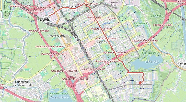 Kaart van de omgeving van de melding, met de kazerne die is gealarmeerd