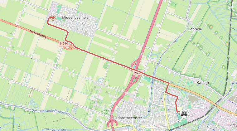 Kaart van de omgeving van de melding, met de kazerne die is gealarmeerd