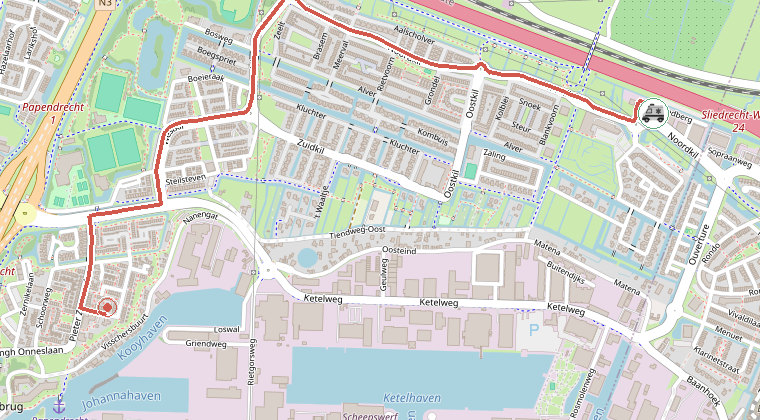 Kaart van de omgeving van de melding, met de kazerne die is gealarmeerd