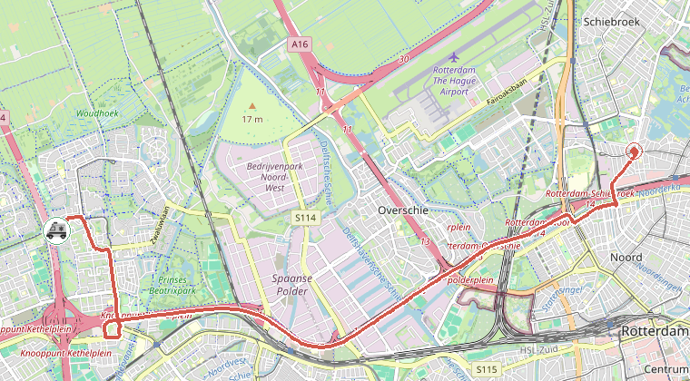 Kaart van de omgeving van de melding, met de kazerne die is gealarmeerd